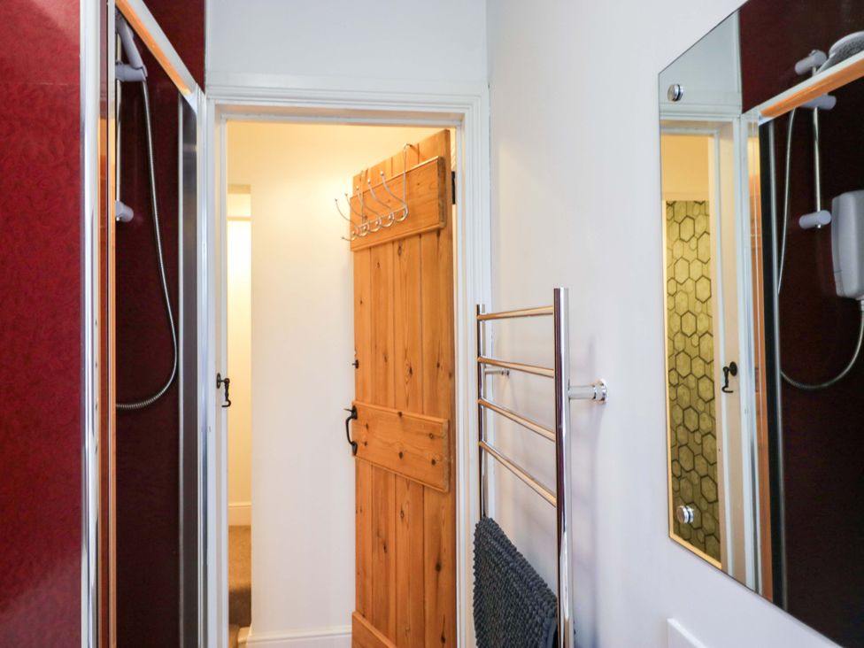 A bathroom with a shower and wooden door at Tethera in Ennerdale