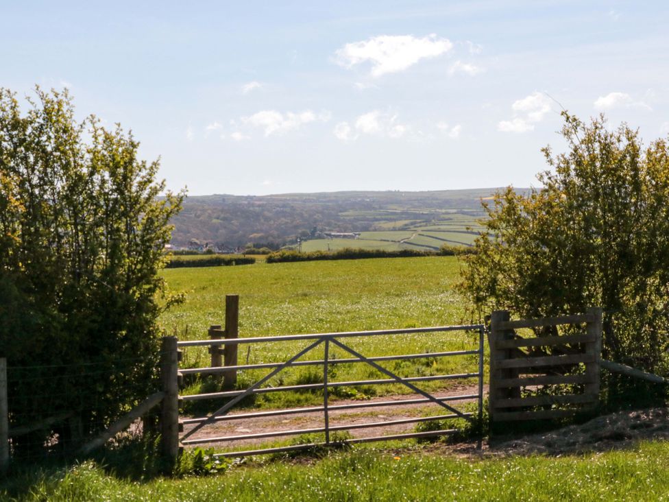 A view of a gate and field at Sage Sanctuary in Whitby