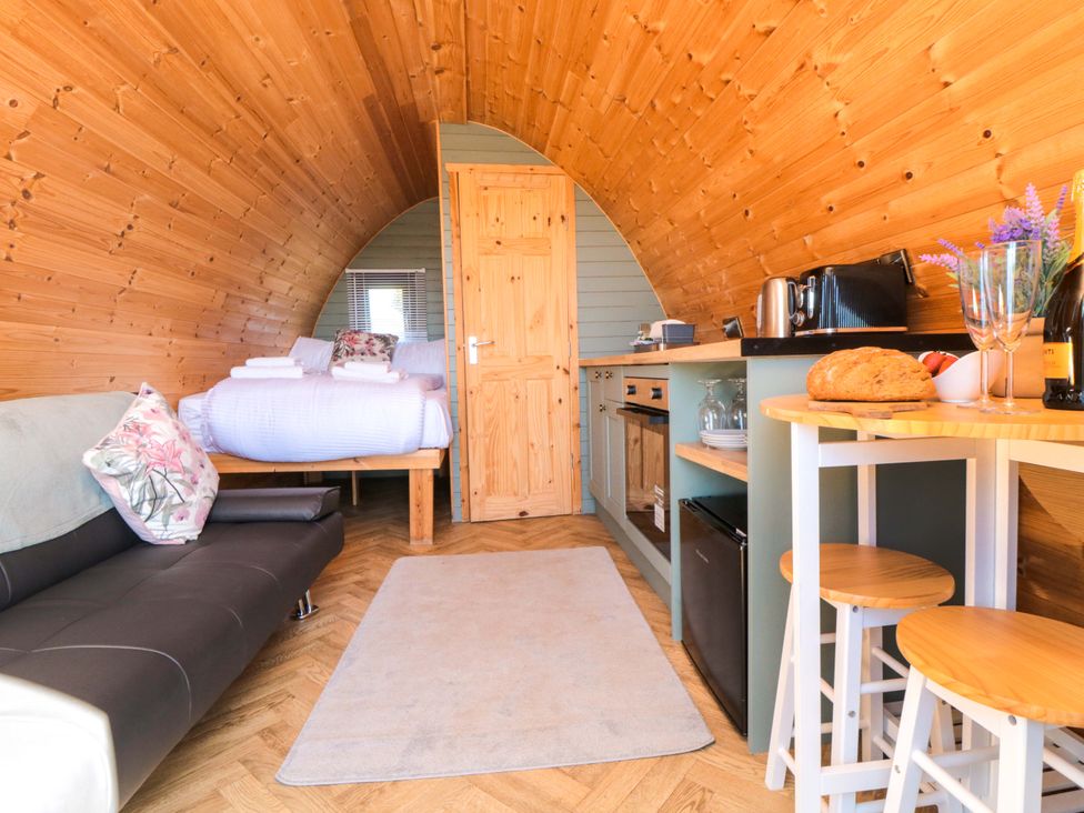 A living room with a bed and kitchen area at Fern Folly in Whitby