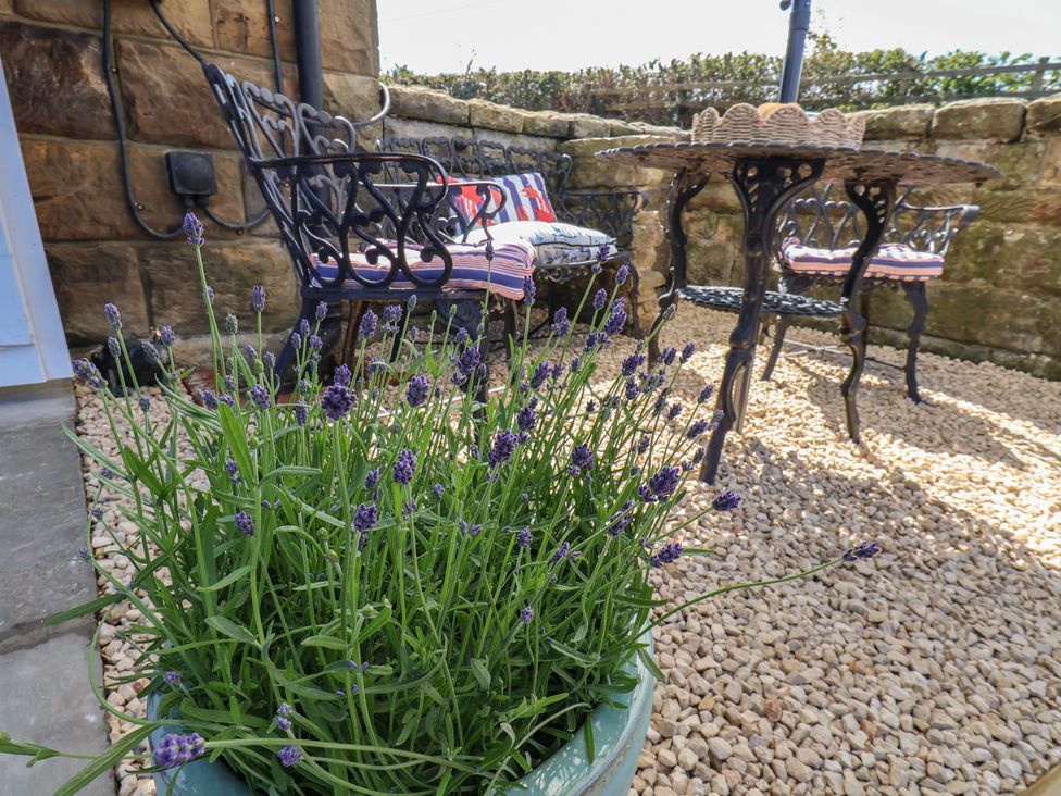 A garden with a table and chairs near lavender plants at Little Holm Garth