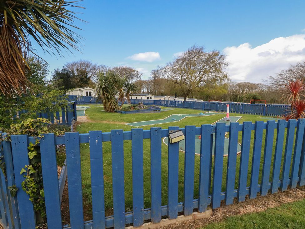 An outdoor area with a fenced lawn and caravans at Shamrocks Cove Caravan