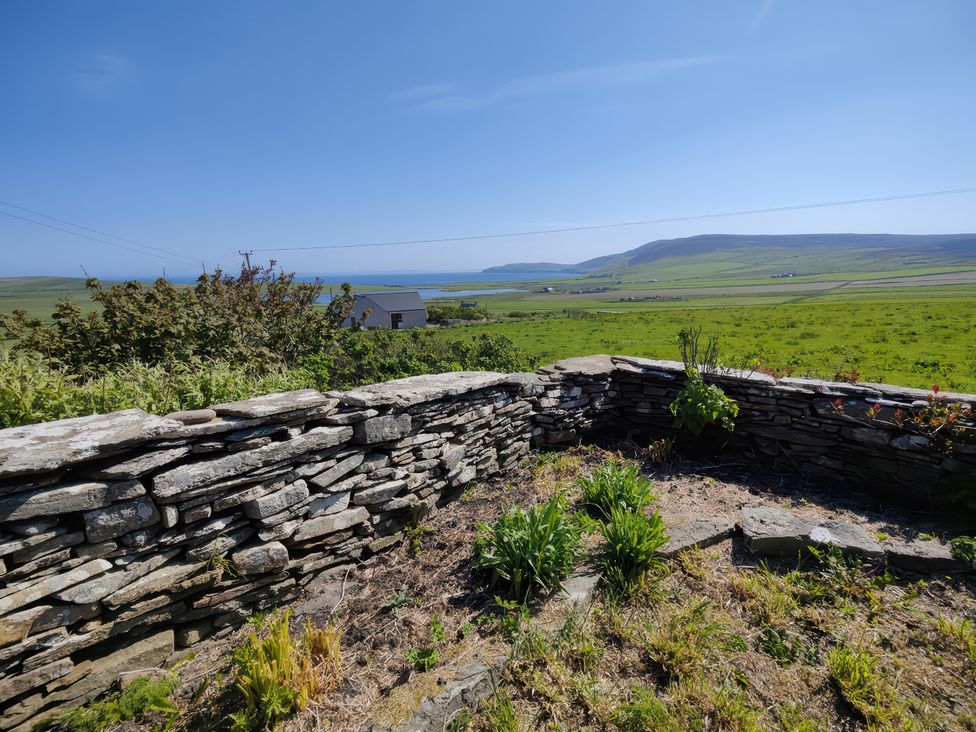A stone wall and plants with a view of the ocean at Lower Hammerfield Rousay, Orkney Islands