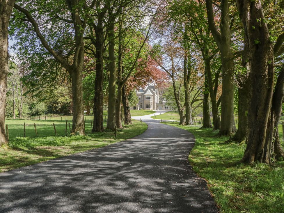 A driveway lined with trees leading to a house at Brettargh Holt Mansion 32 near Levens