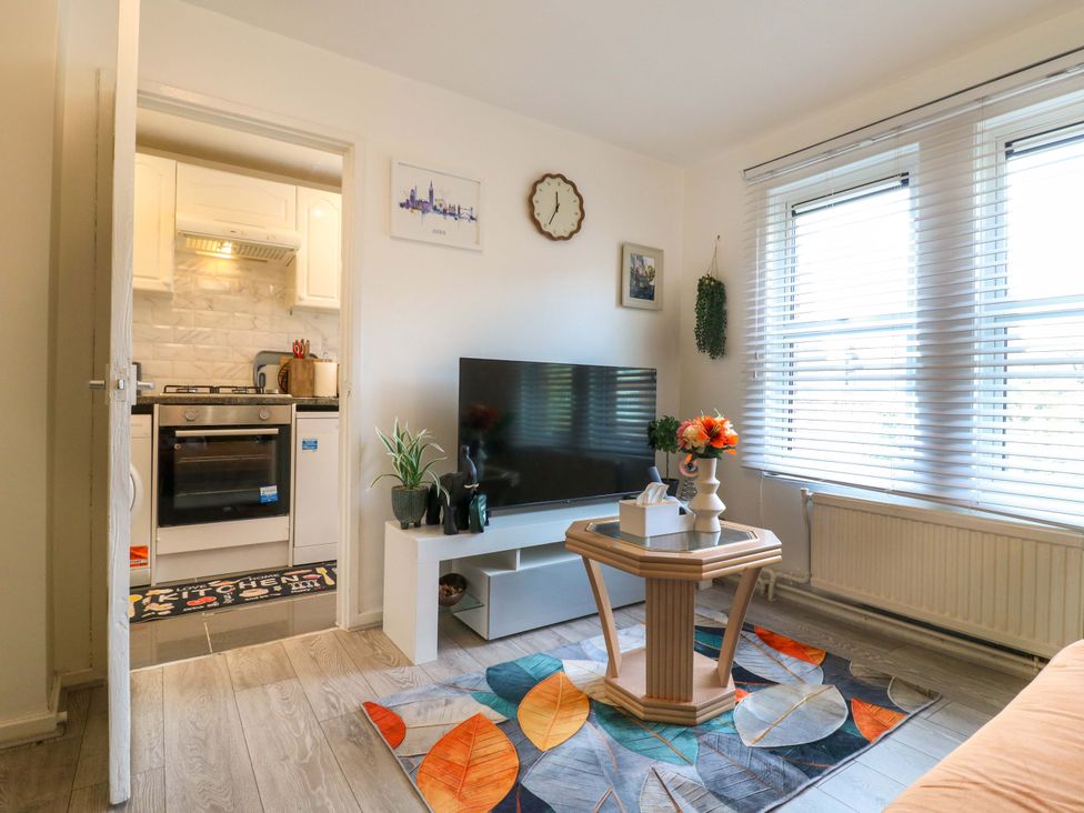 A living room with a television and coffee table at 22A Warrender Road in Tufnell Park