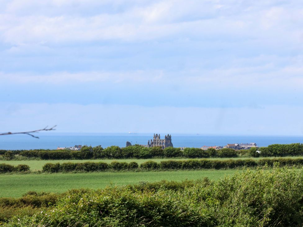 A view of the sea and buildings surrounded by fields at Freedom Lodge @ Summerfield Farm in Whitby