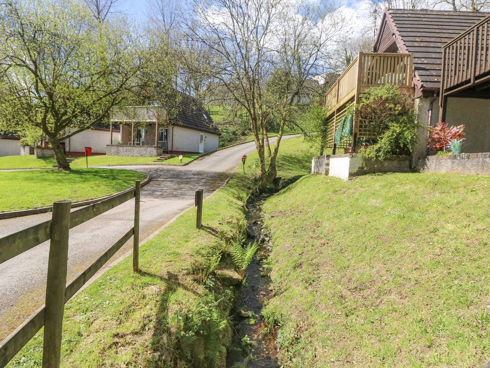 A road with a stream beside it and houses at Honeycombe Lodge