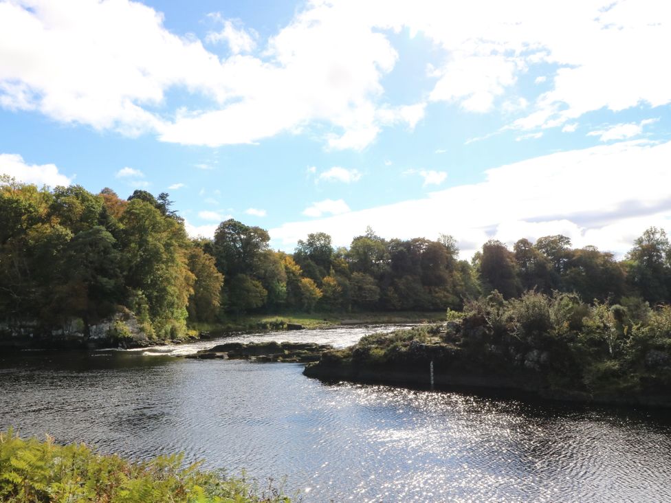 A river surrounded by trees and a blue sky at West House in Stanley