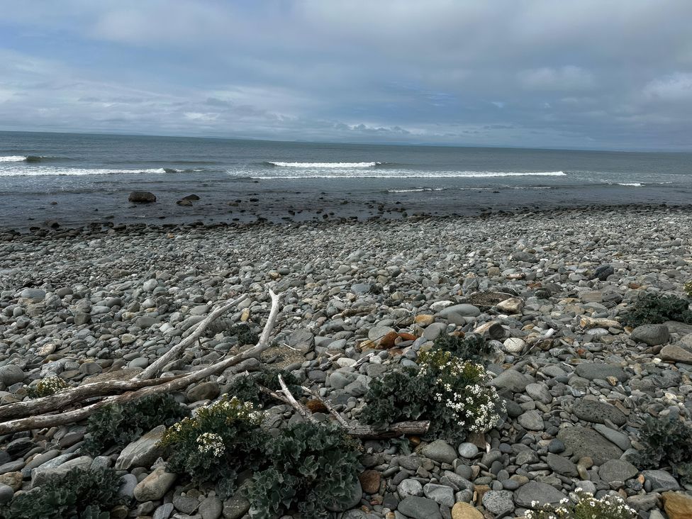 A beach with pebbles and driftwood near the sea at Glanrafon Llwyngwril