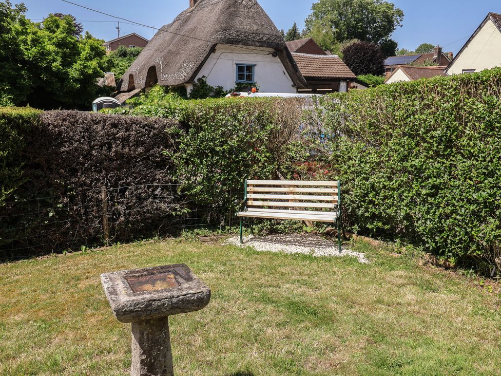 A garden with a bench and birdbath at Tane Winterborne Stickland