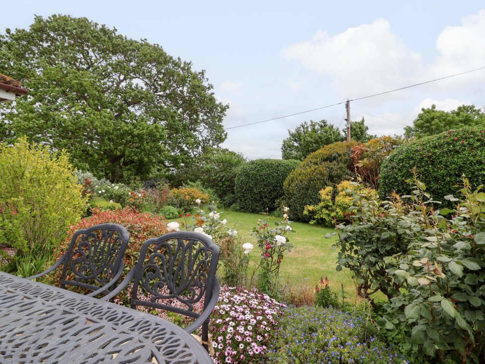 A garden with seating and various flowers at 26 Five Bells Watchet