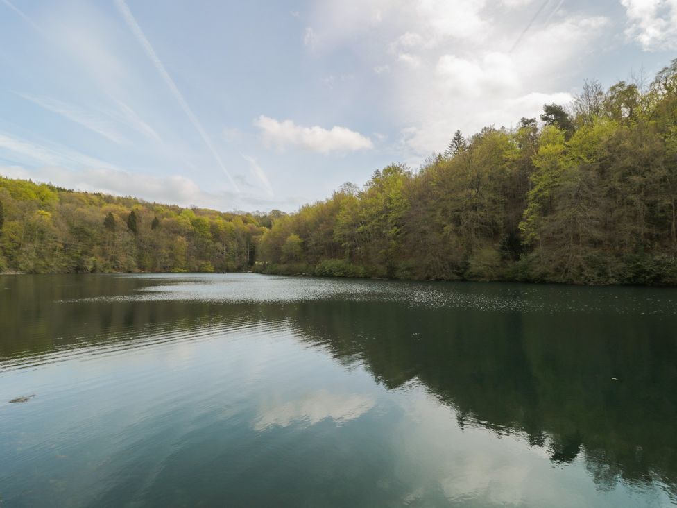 A lake surrounded by trees under a partly cloudy sky at Longfords Mill near Nailsworth