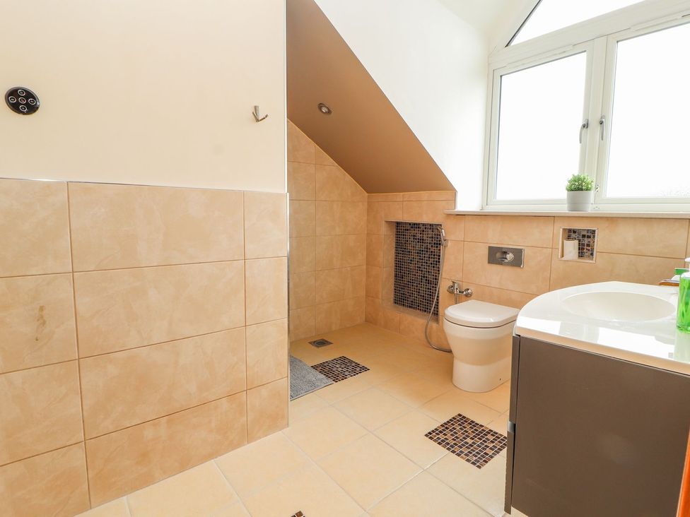 A bathroom with a toilet, sink, and shower area at The Wendover in Abergele