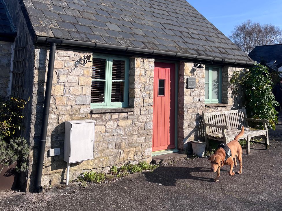 A stone cottage with a red door and a dog walking by at Swallow Cottage near Cowbridge