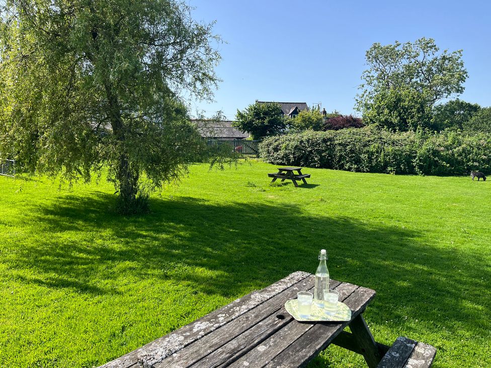 A picnic area with a table and tree in the garden at Swallow Cottage near Cowbridge
