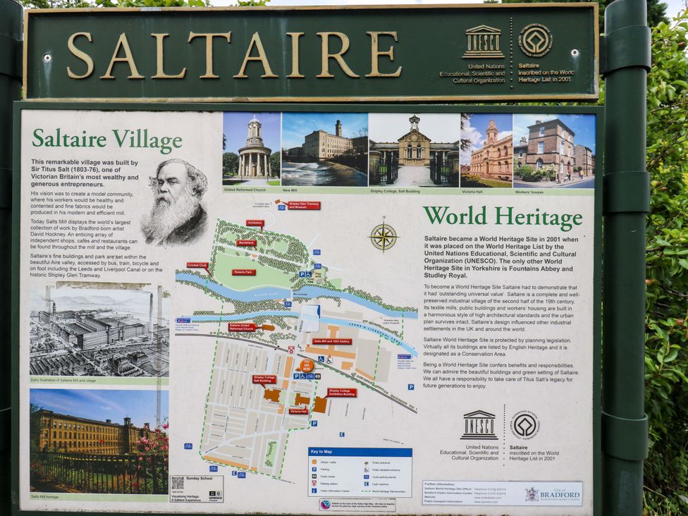 An information board about Saltaire Village in Saltaire
