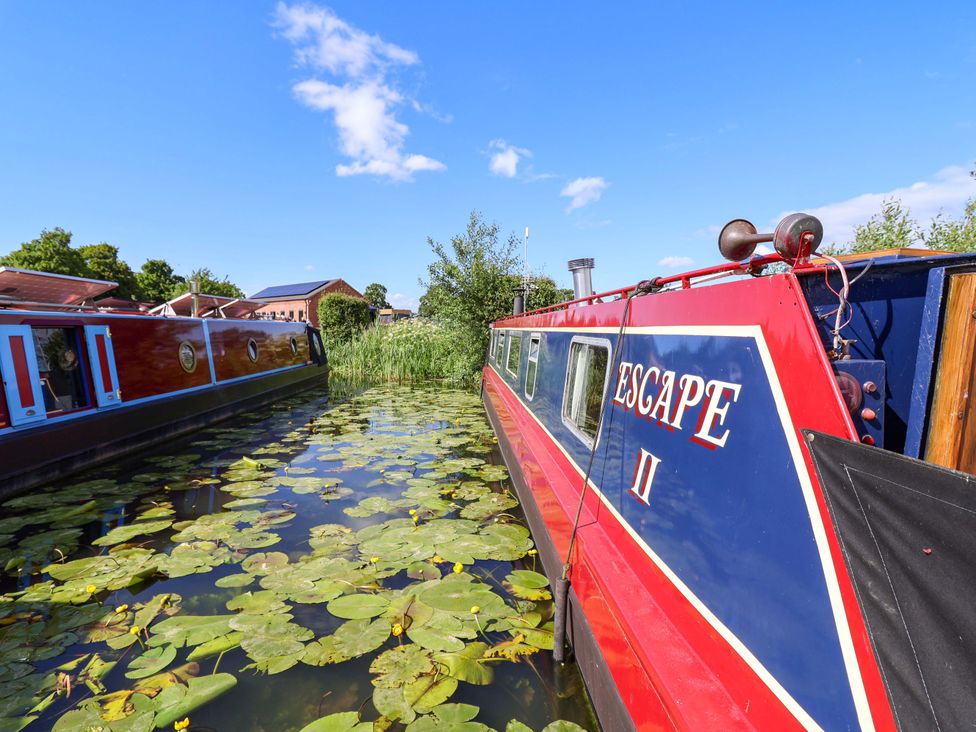 Two narrowboats floating on water covered with lily pads at Escape II in Oakwood Marina