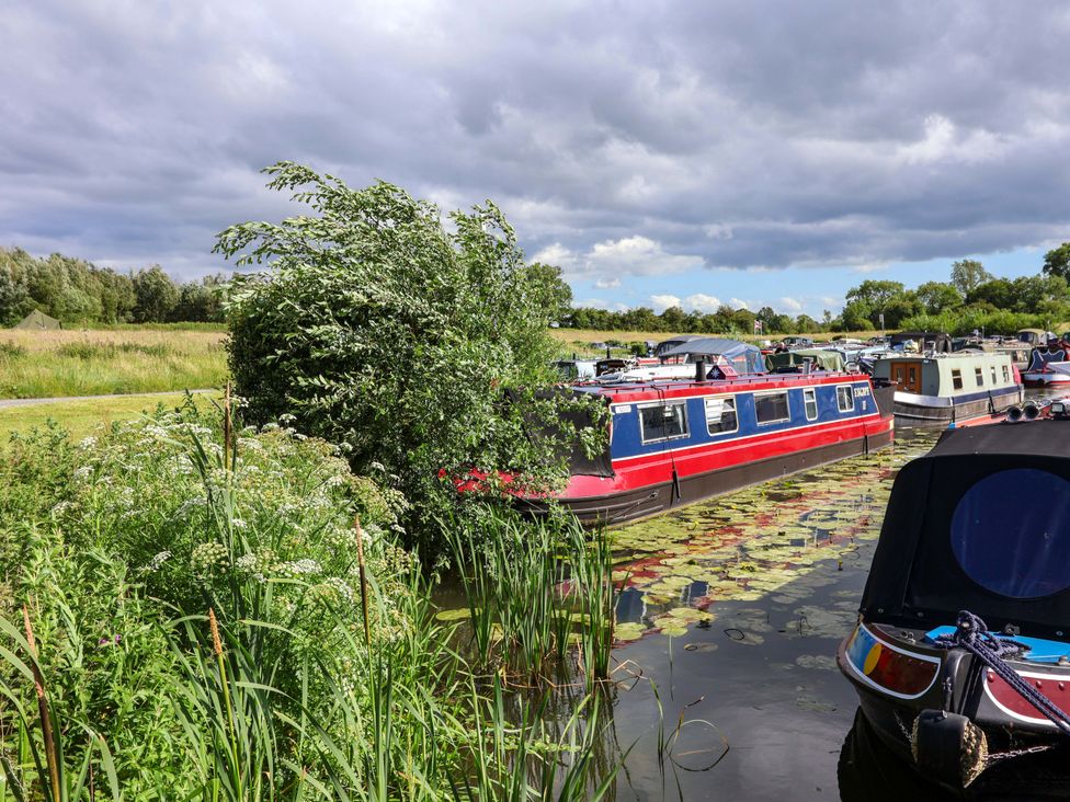 Boats docked along a waterway with lilies at Escape II Oakwood Marina