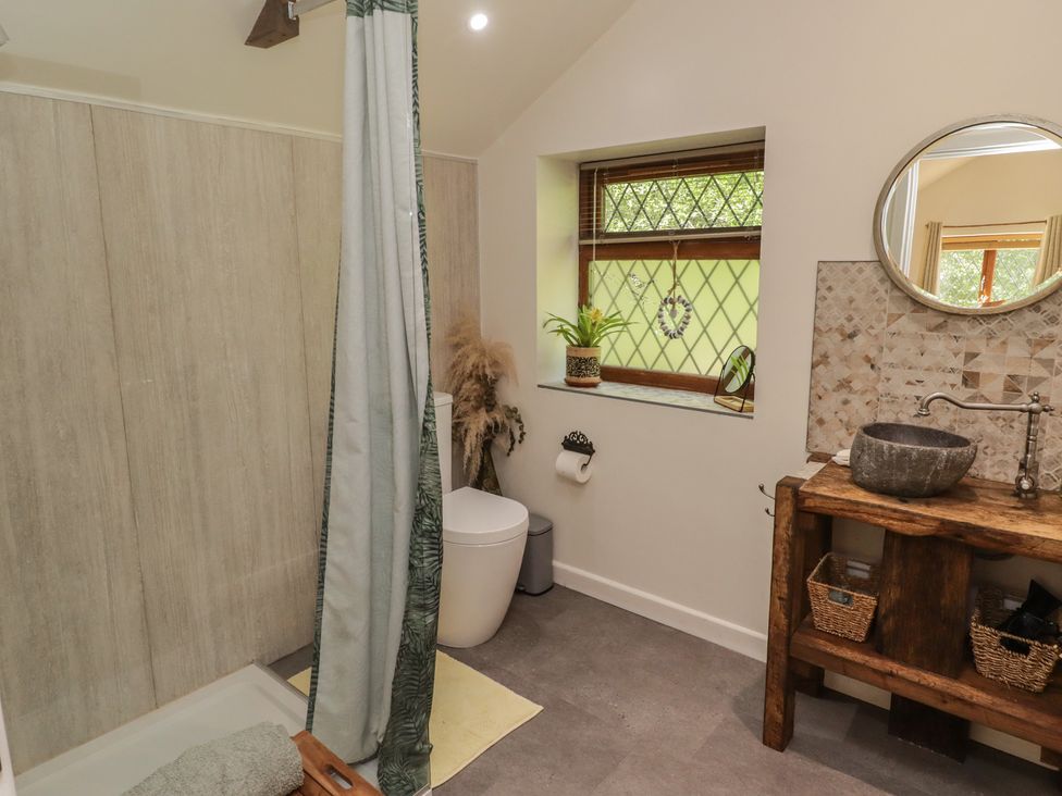 A bathroom with a shower, toilet, and wooden table at Cân adar in Llangeinor