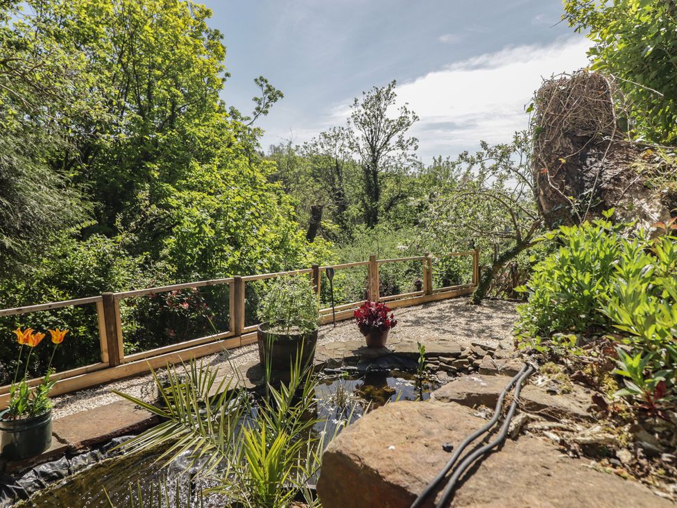 A garden with a pond and flowers at Cân adar in Llangeinor