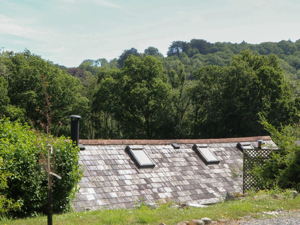 A roof with skylights and a chimney at The Mill Barn in Lustleigh