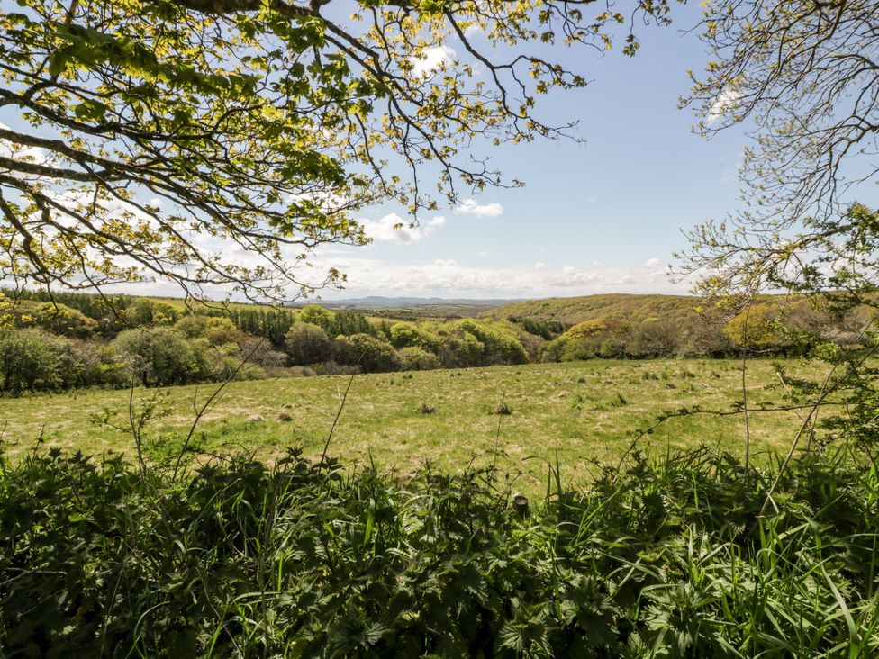 A panoramic view of a field with trees under a clear sky at Moorland View in Newquay