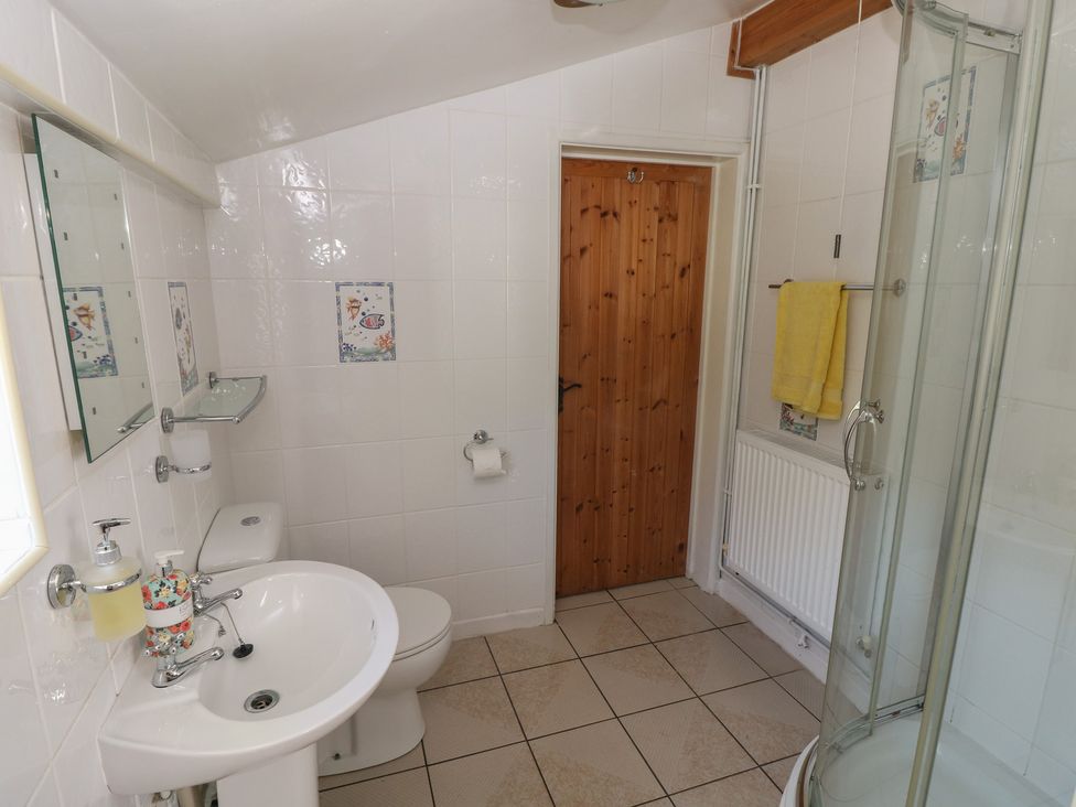 A bathroom with a shower and sink at Daffodil Cottage in Blaencwm near Treorchy