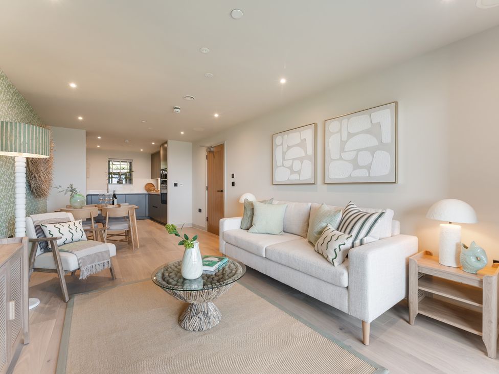 A living room with a sofa and coffee table at tbc in St. Ives