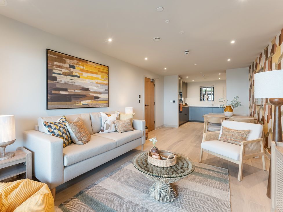 A living room with a sofa and coffee table at tbc in St. Ives
