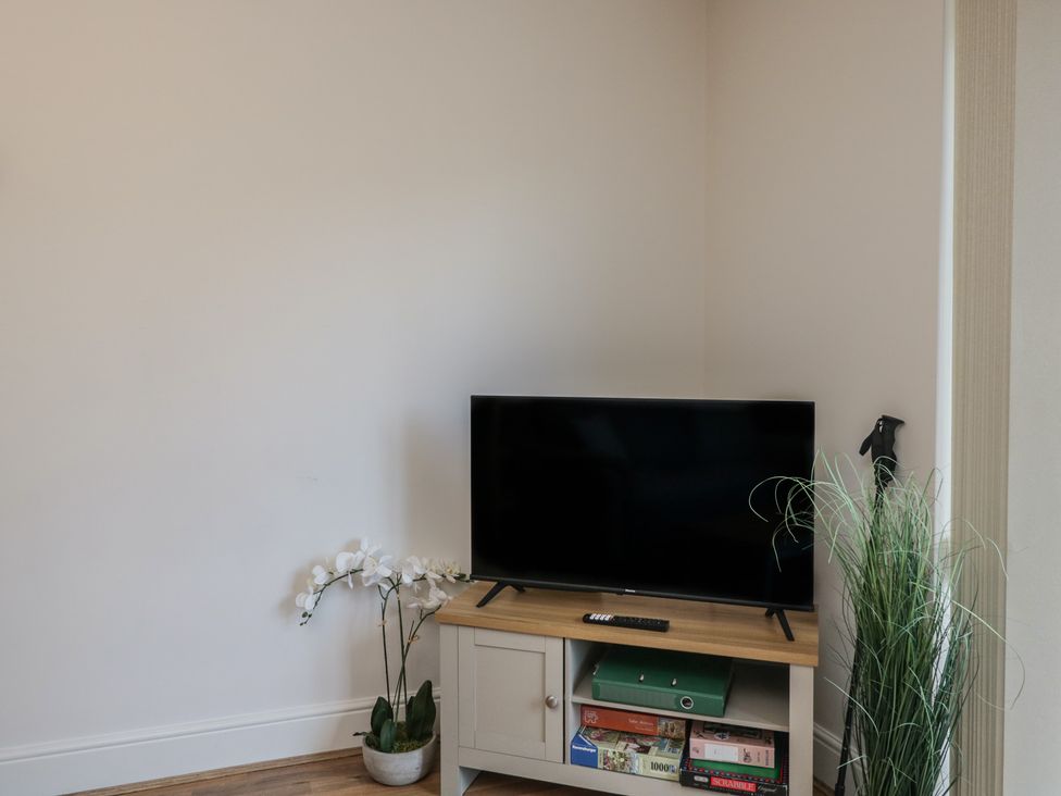 A living room with a television and plant at 7 Blue Water in Bournemouth