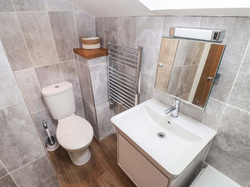 A bathroom with a toilet, sink, and towel rail at No.8 Millmoor Farm Cottage in Broad Haven