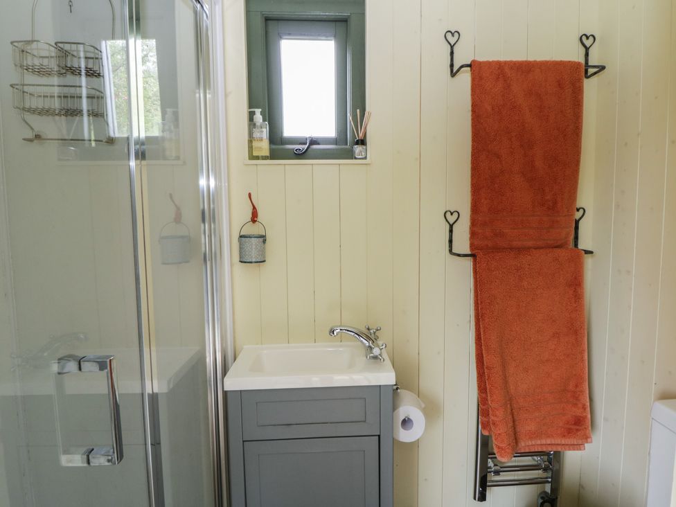 A bathroom with a shower, sink, and towel rack at The Three Spaniels Shepherds Hut in Cwrtnewydd near Llanybydder