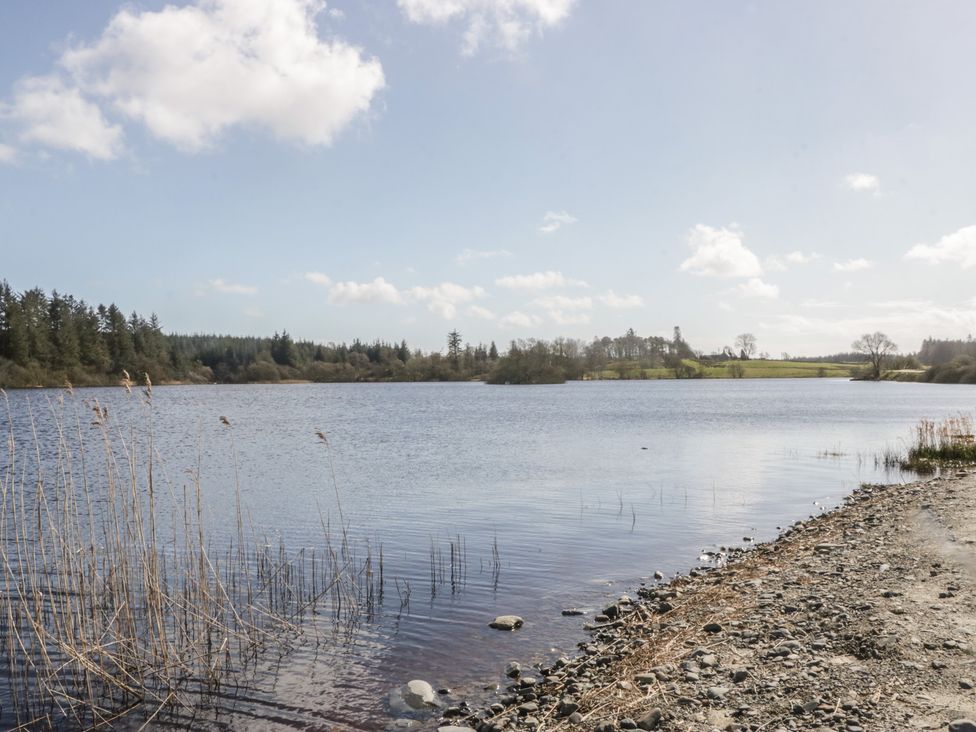 A lake with a shoreline and trees in the background at Fanfare Superior at Three Lochs Holiday Park, Newton Stewart