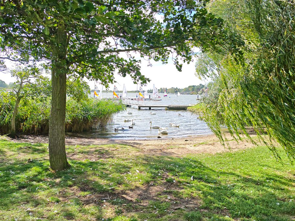 A view of water with swans and sailboats at The Mill House Gardens in Oulton Broad