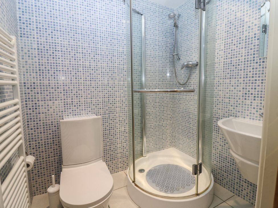 A bathroom with a shower and toilet at Hollybank Barn near Melrose
