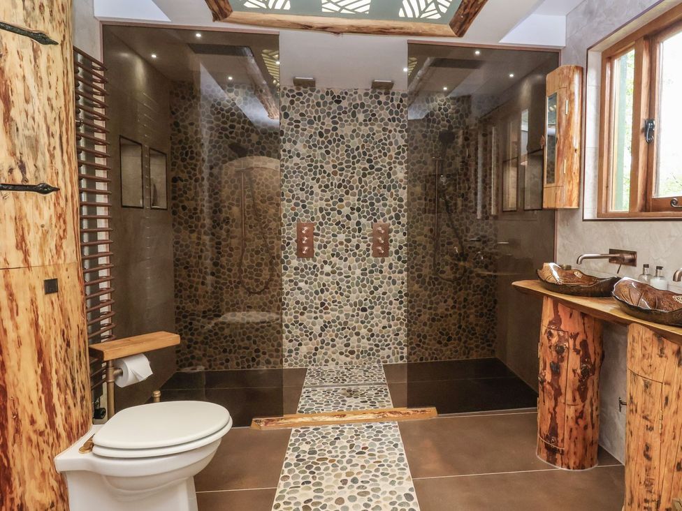 A bathroom with a toilet and shower area at Copper Suite in Chulmleigh