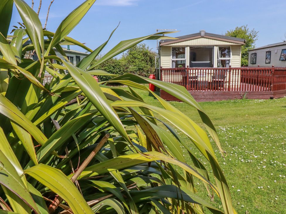 A mobile home with a wooden deck surrounded by grass at Beech Lodge in Wadebridge