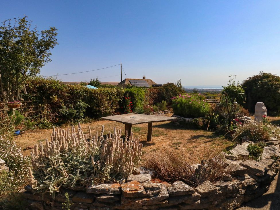 A garden with a table surrounded by plants at Dunvant in Swanage