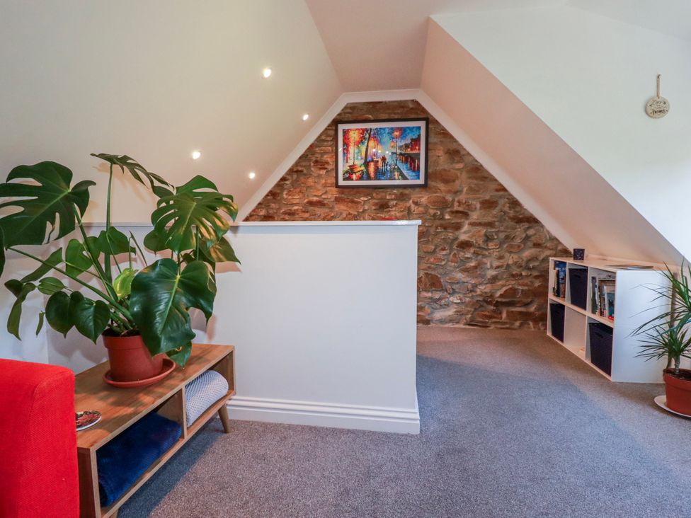 An attic space with a plant and shelves at Camelia Cottage in St. Austell