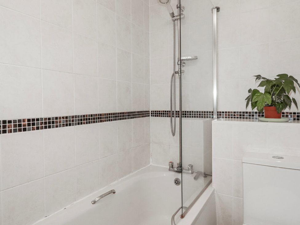 A bathroom with a shower over a bathtub and a plant at Camelia Cottage in St. Austell