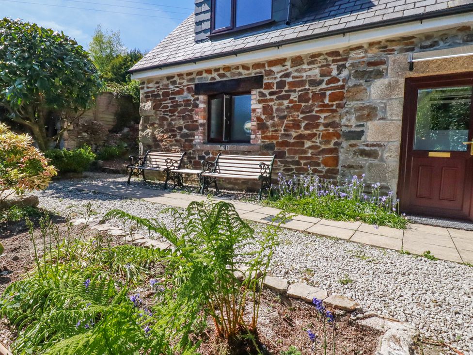 A garden with benches and plants at Camelia Cottage in St. Austell