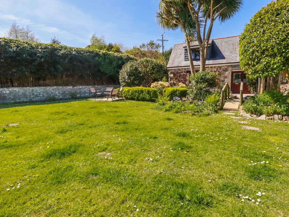 A garden with grass and benches at Camelia Cottage in St. Austell