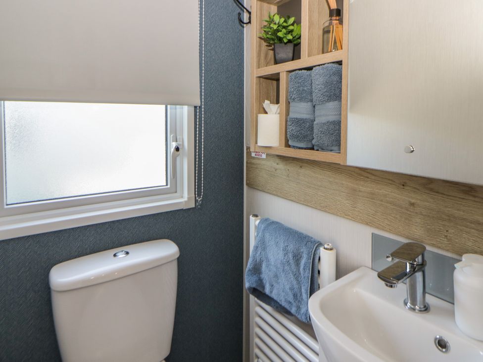 A bathroom with a toilet, sink, and shelving at Santa Maria in Llandysul
