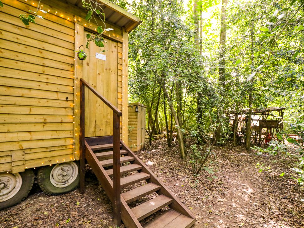 A wooden cabin with stairs in a forest at Jungle Bell Tent in Woolton Hill