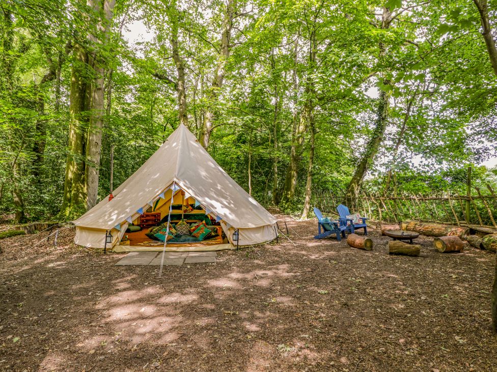A bell tent in a forest area with wooden logs and chairs at The Moroccan Bell Tent in Woolton Hill