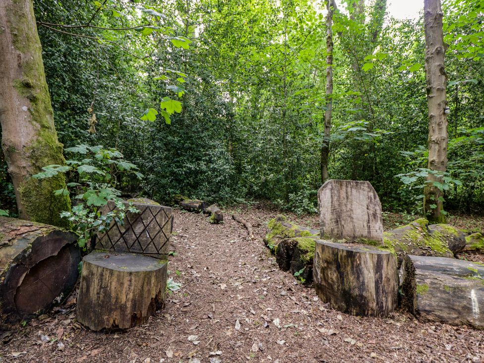 A seating area made of logs in a forest at The Moroccan Bell Tent in Woolton Hill