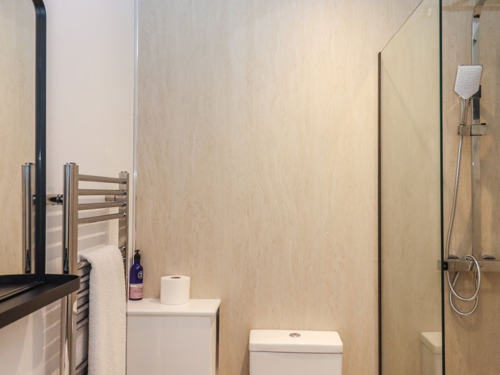 A bathroom with a shower and toilet at Hares Cottage in Torquay