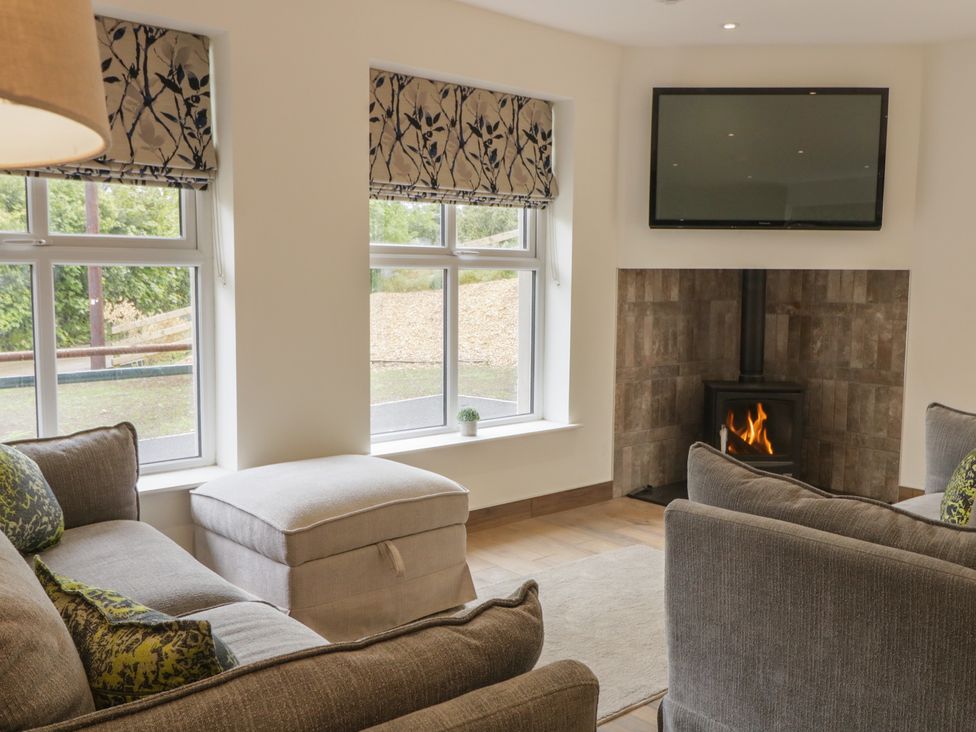 A living room with a sofa, fireplace, and TV at Brook Cottage in Coleraine