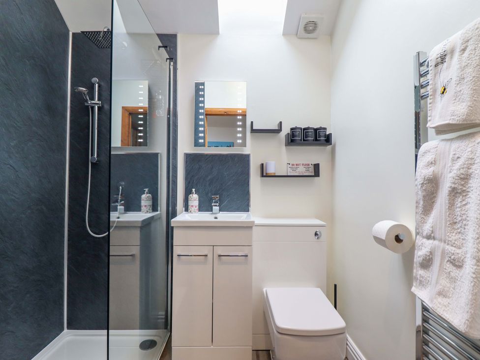 A bathroom with shower and vanity unit at Henlle Home Farm in Gobowen