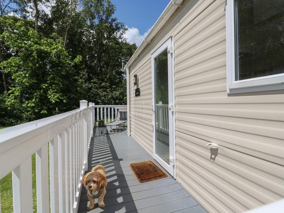 A deck with a dog and chair at Forest Retreat - FO26 in Saxmundham