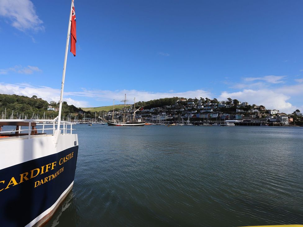 A boat named Cardiff Castle in the river at Dartmouth